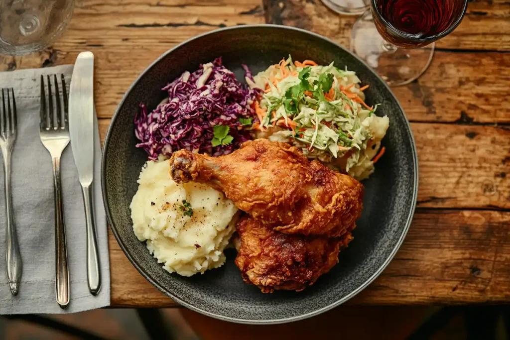 Crispy fried chicken with mashed potatoes and slaw on a rustic table.