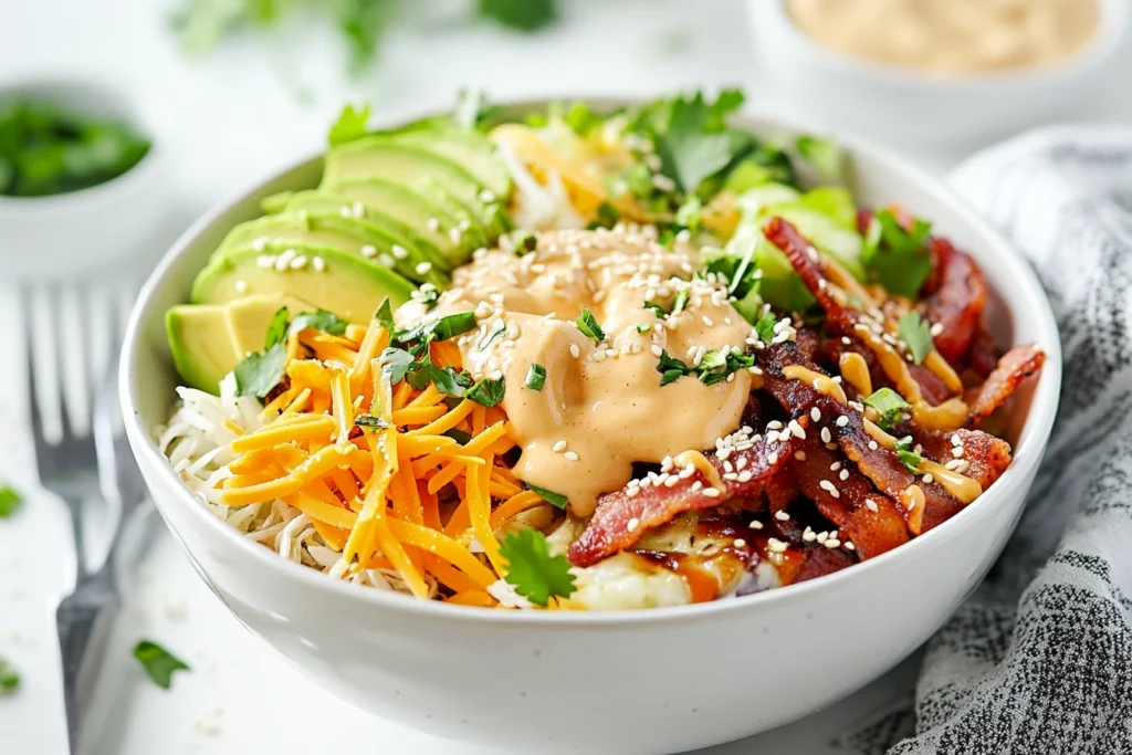 Fully assembled burger bowl with avocado, bacon, and sauce