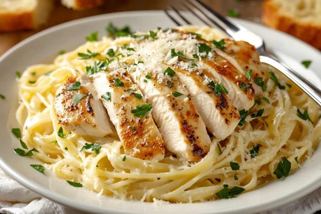 Creamy Garlic Parmesan Chicken Pasta topped with sliced grilled chicken and fresh parsley.