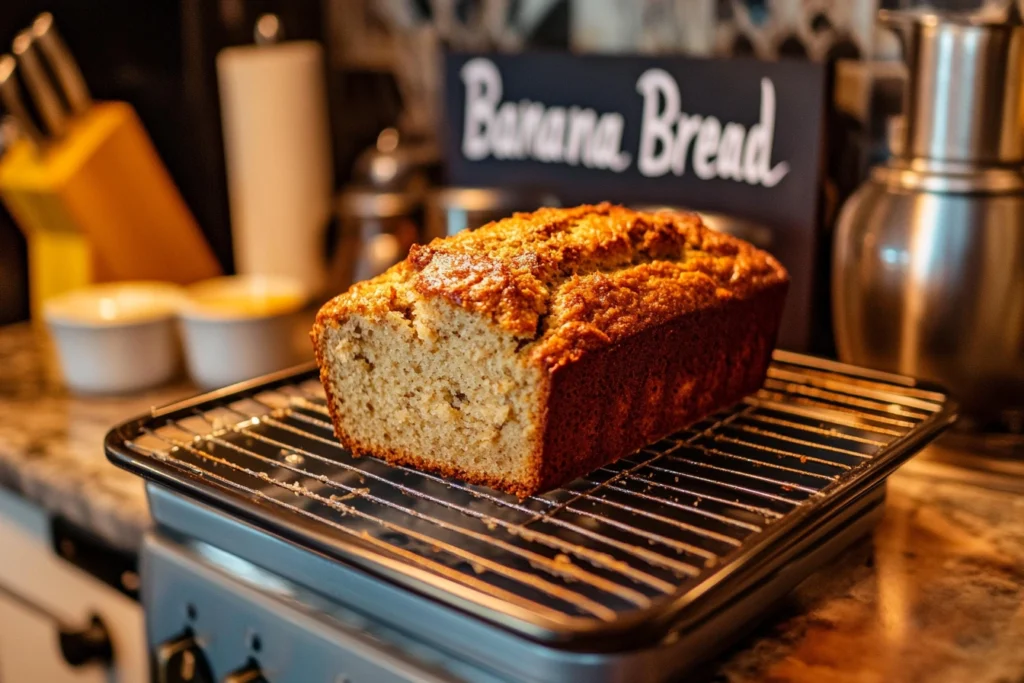 Freshly baked banana bread on a wooden board