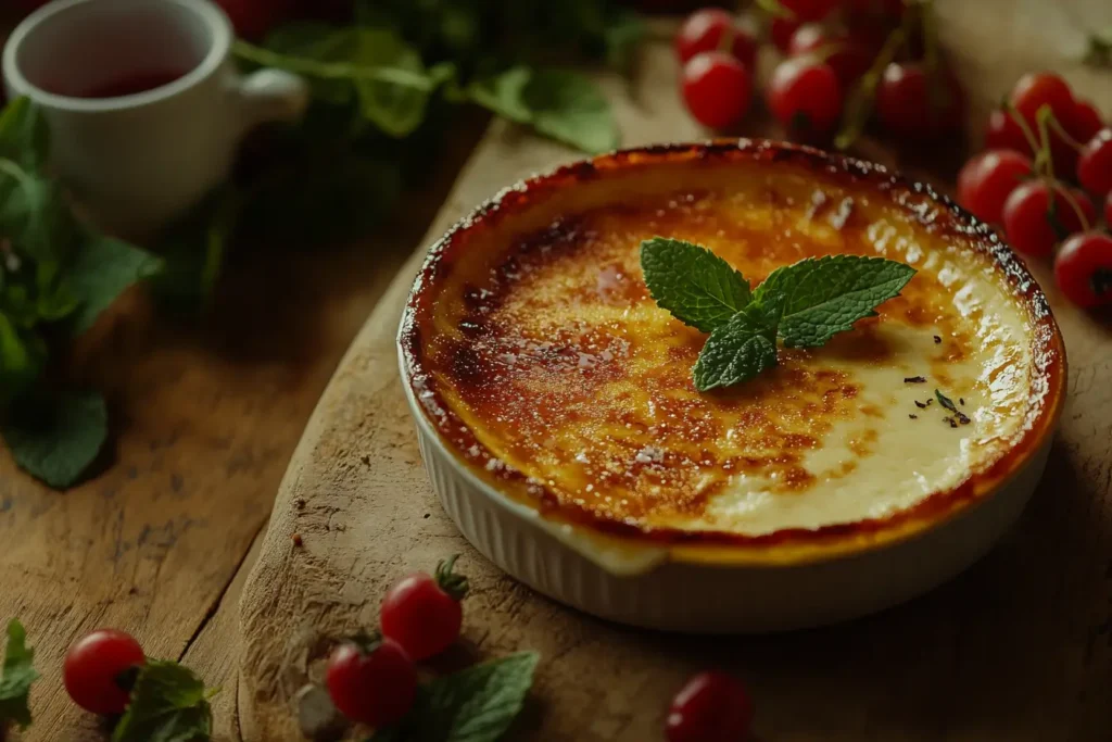 Crème brûlée with a golden-brown sugar crust, garnished with fresh berries and mint.