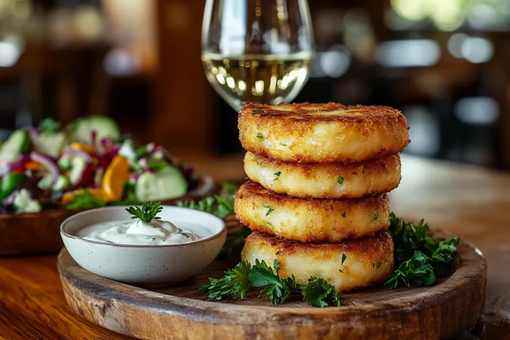 Golden-brown fricassee cakes with parsley and creamy dipping sauce