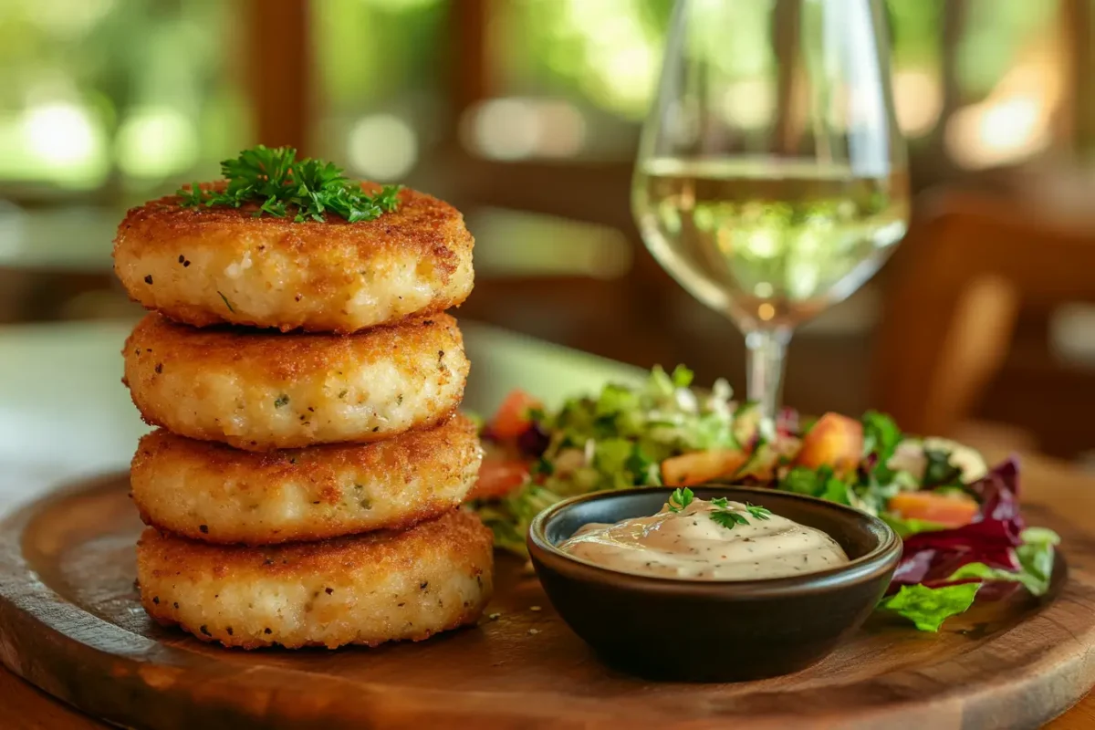 Stack of golden-brown fricassee cakes on a wooden platter with parsley garnish.