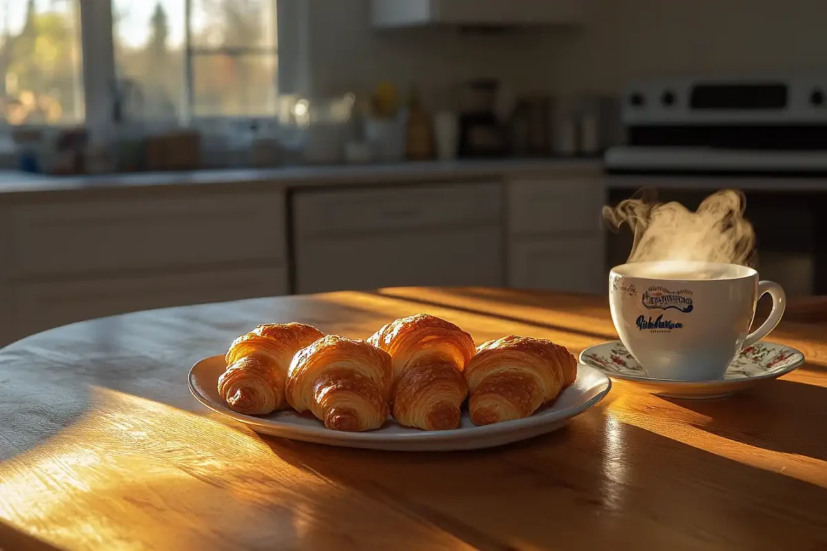 Golden Costco croissants with coffee in a cozy kitchen.