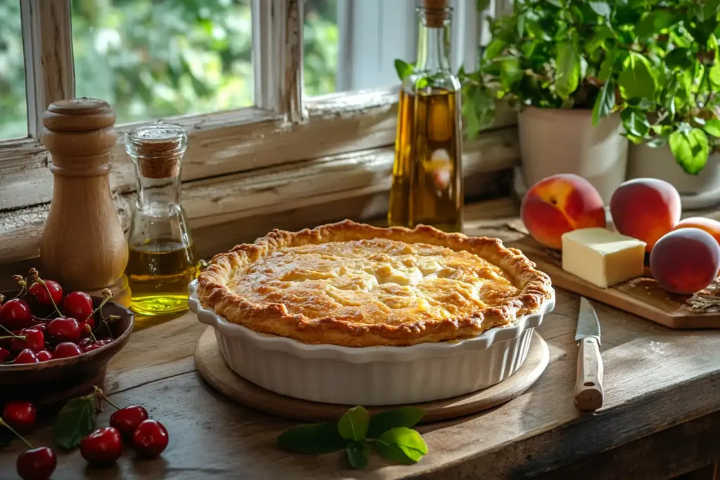 Golden dump cake with cherries, peaches, butter, and oil in a rustic kitchen