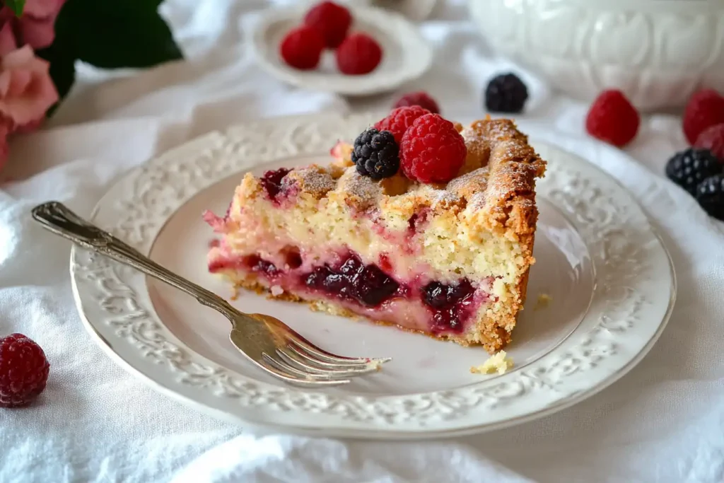 A slice of dump cake with gooey filling and golden topping.