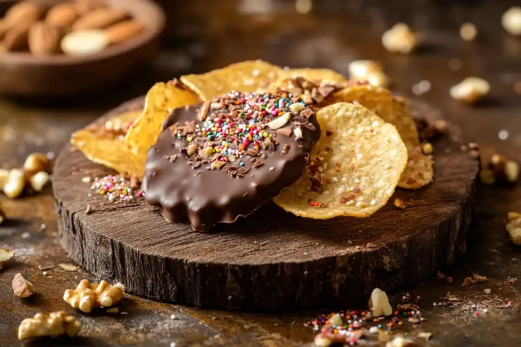 Chocolate-covered potato chips with sprinkles and caramel on a rustic wooden board.