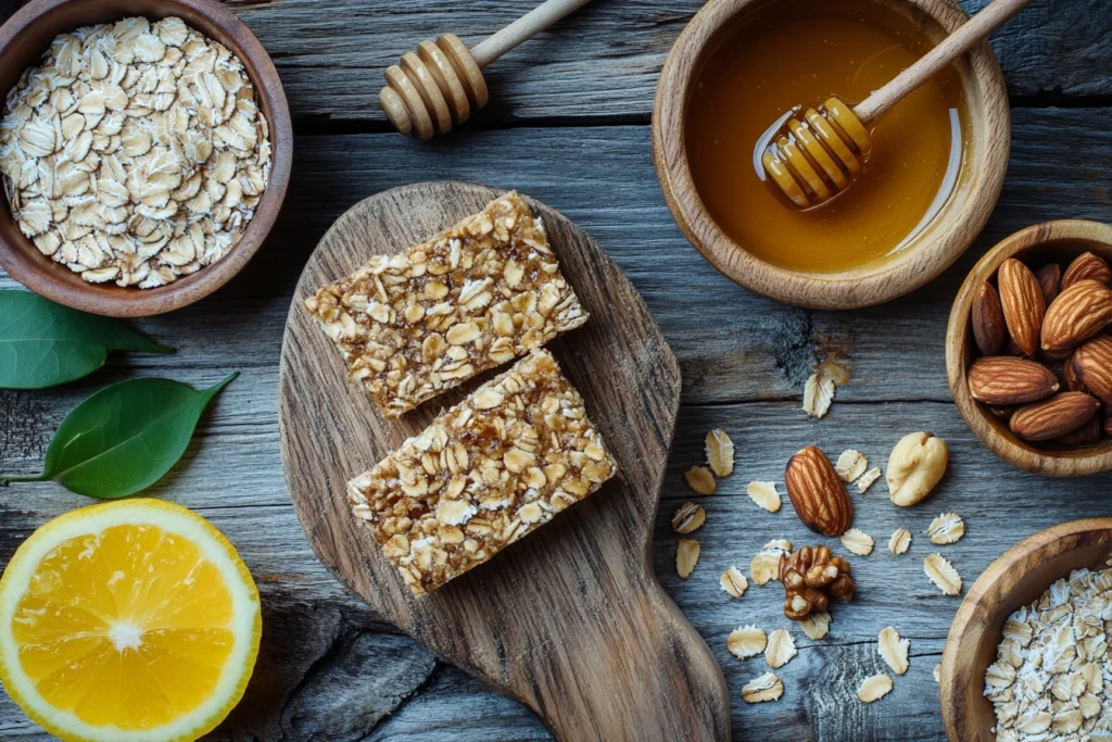 Close-up of a granola bar with oats, nuts, and honey on a wooden surface.