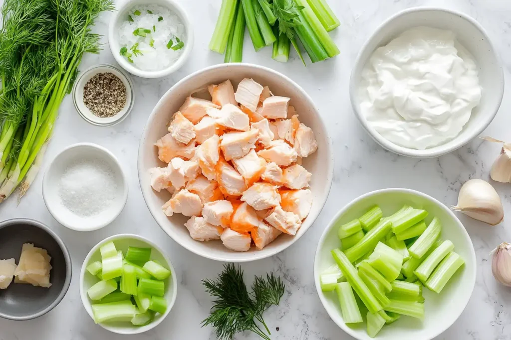 Ingredients for Greek yogurt chicken salad.