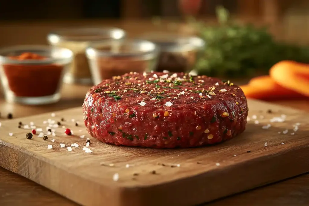 Perfectly seasoned beef burger patty with spices.