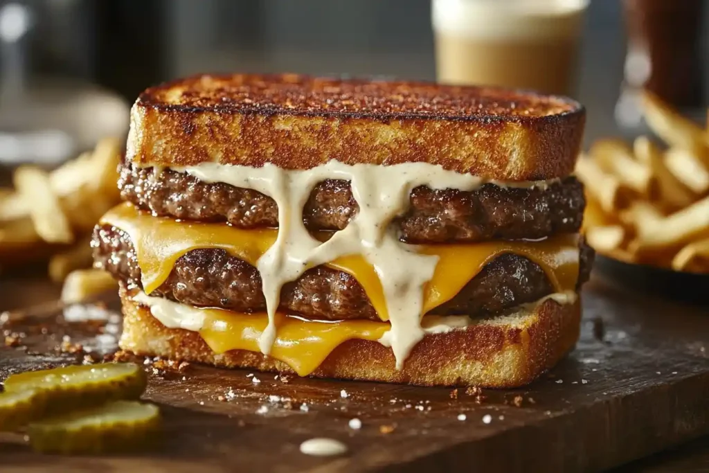 Double cheeseburger with melted cheddar and creamy sauce.