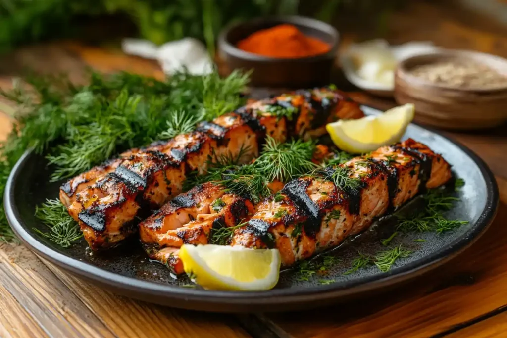 Grilled salmon with dill and lemon on a plate.