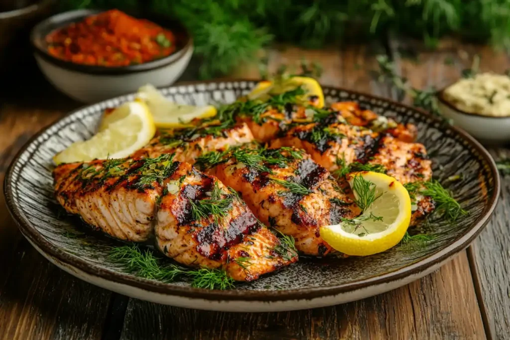 Plated grilled salmon with fresh herbs and lemon wedges.