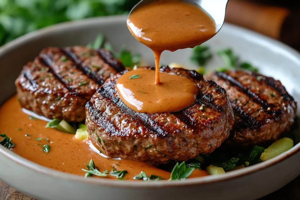 Grilled burger patties being added to a burger bowl