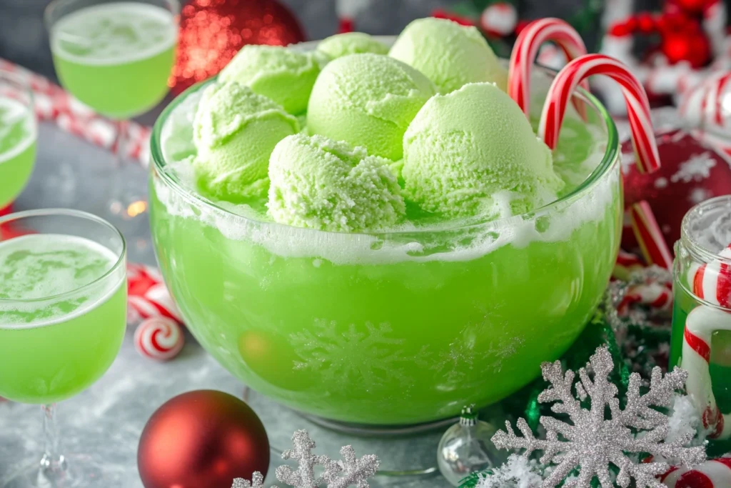 A punch bowl filled with green Grinch Punch and lime sherbet.