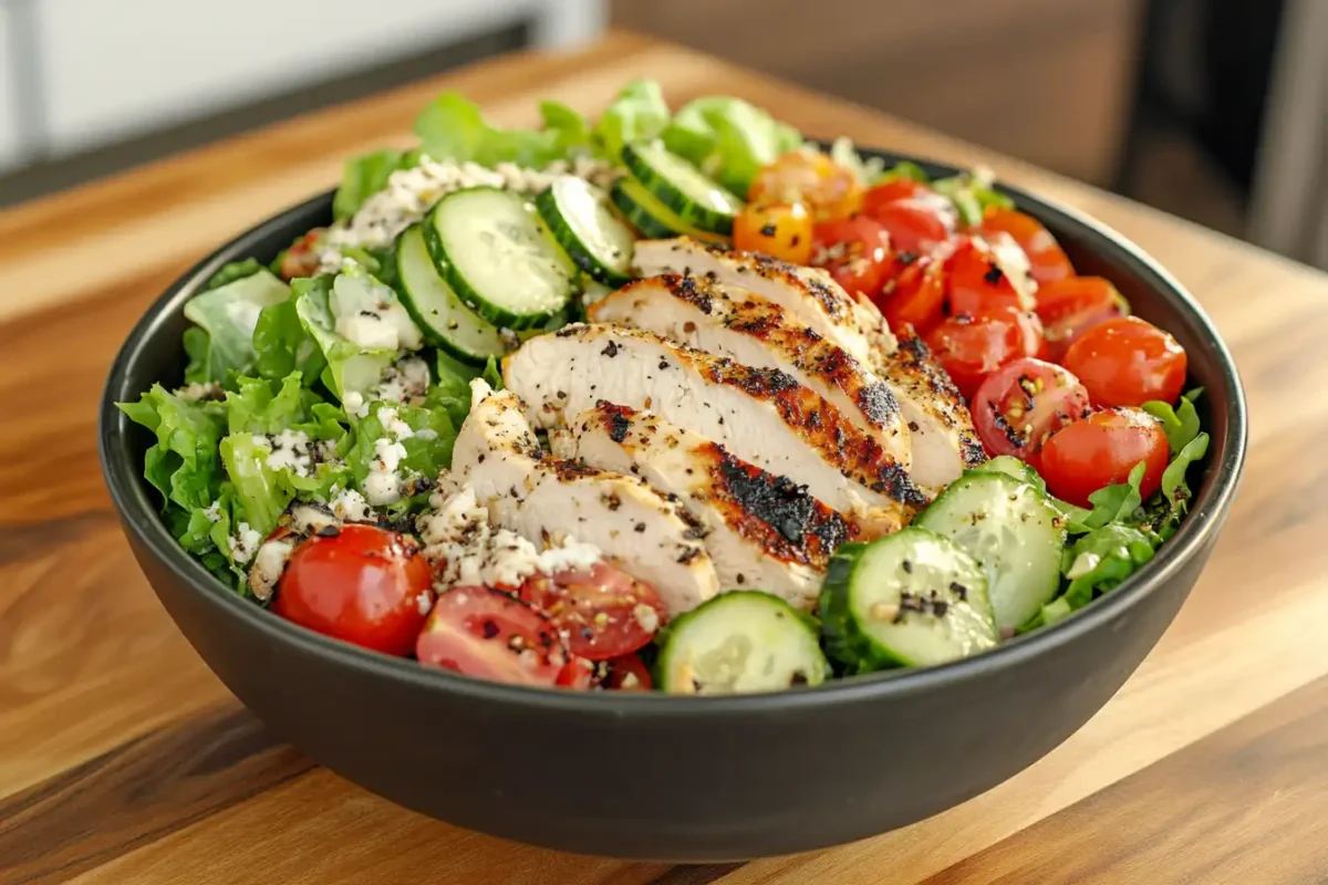 Vibrant bowl of healthy chicken salad.