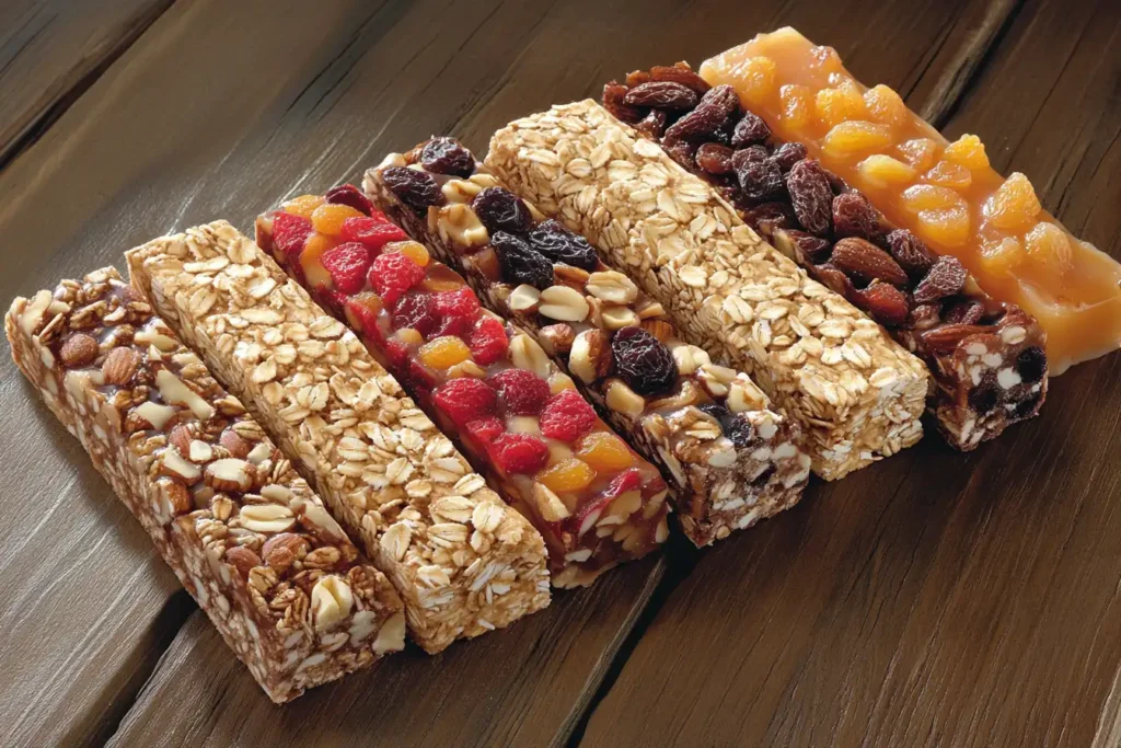 Assorted granola bars with nuts, oats, and honey on a wooden table