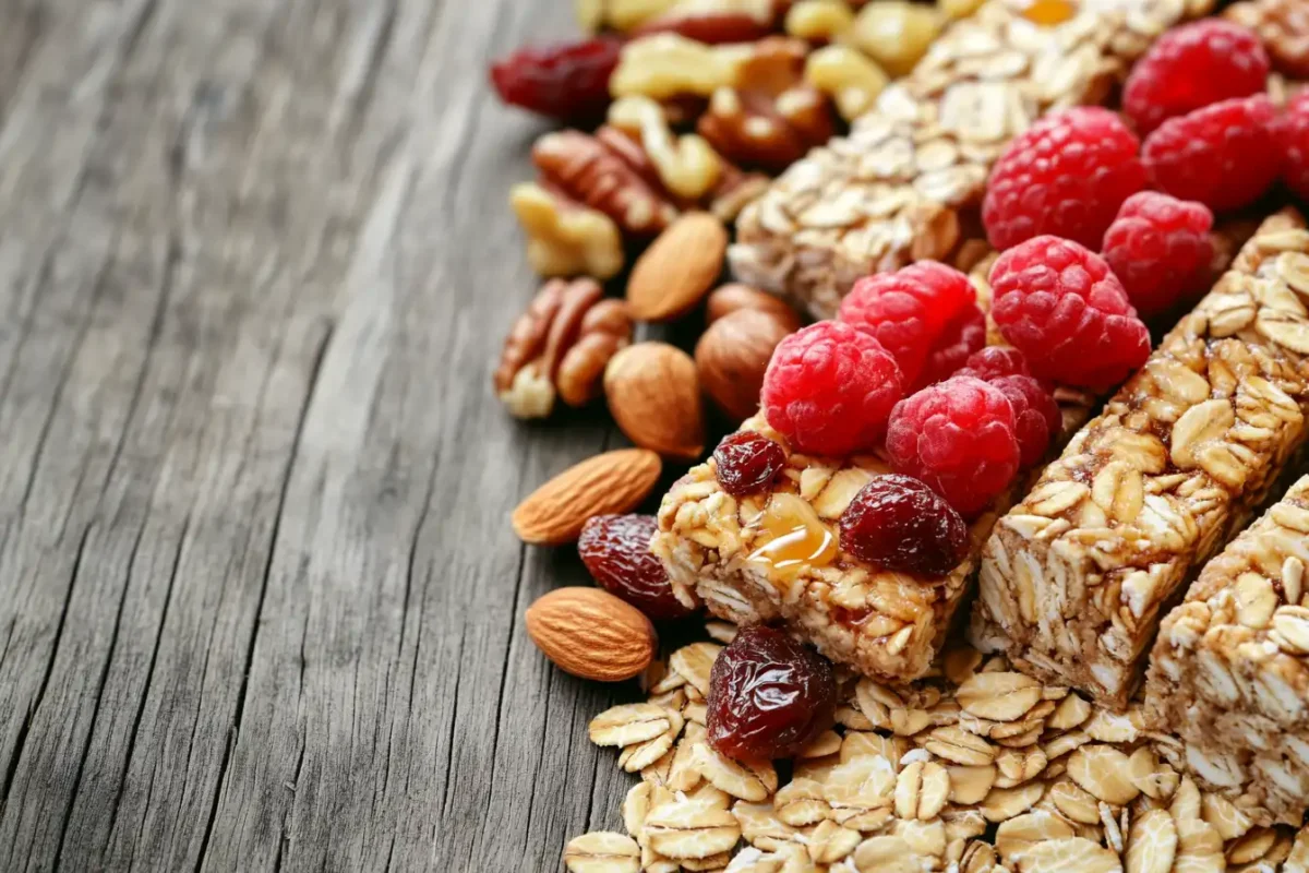 Granola bars with raspberries, nuts, and oats on a wooden table.