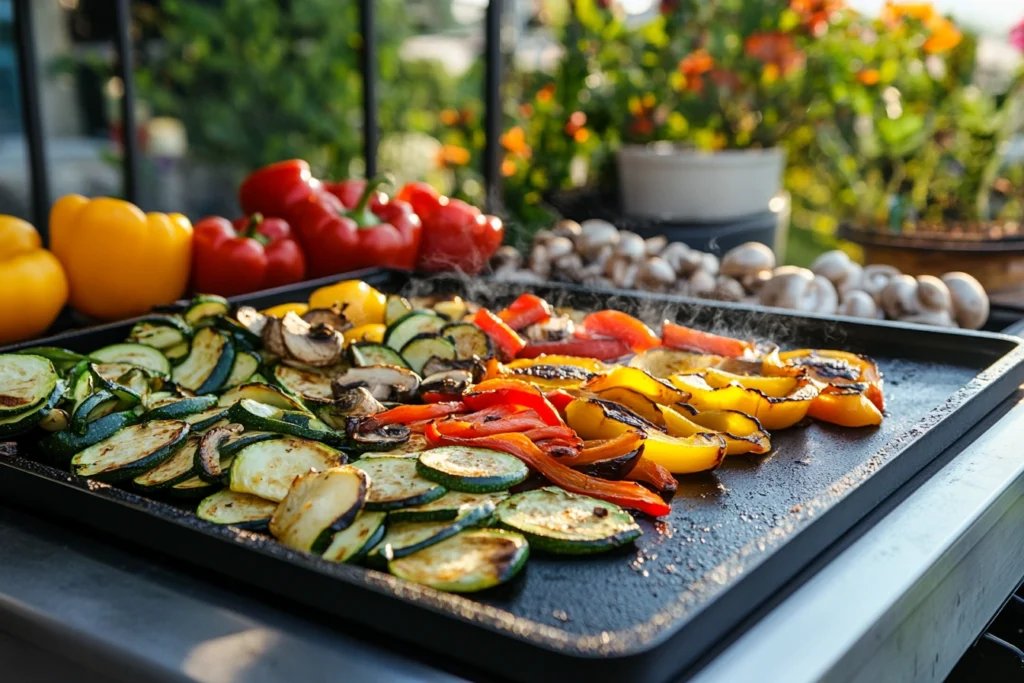 Colorful vegetables cooking on a Blackstone griddle outdoors