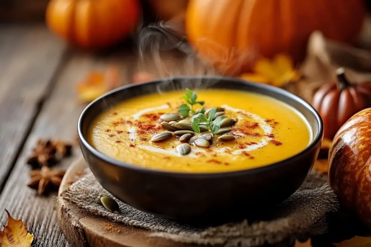 Steaming bowl of creamy pumpkin soup with garnishes.