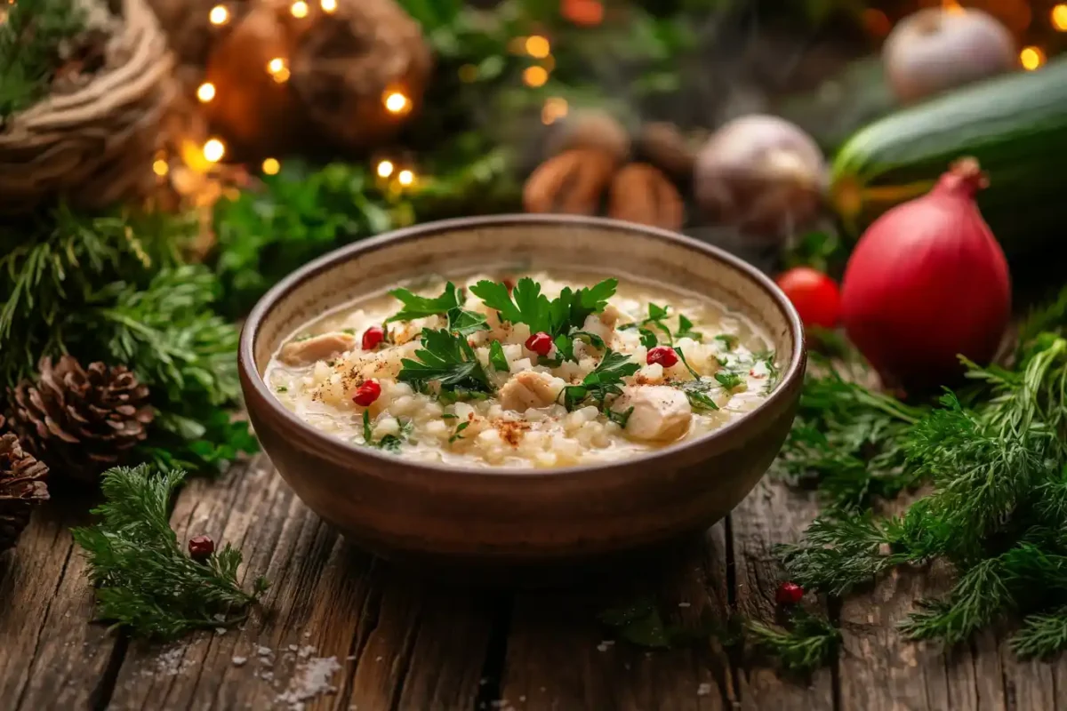 Bowl of chicken and rice soup garnished with parsley and surrounded by fresh vegetables.