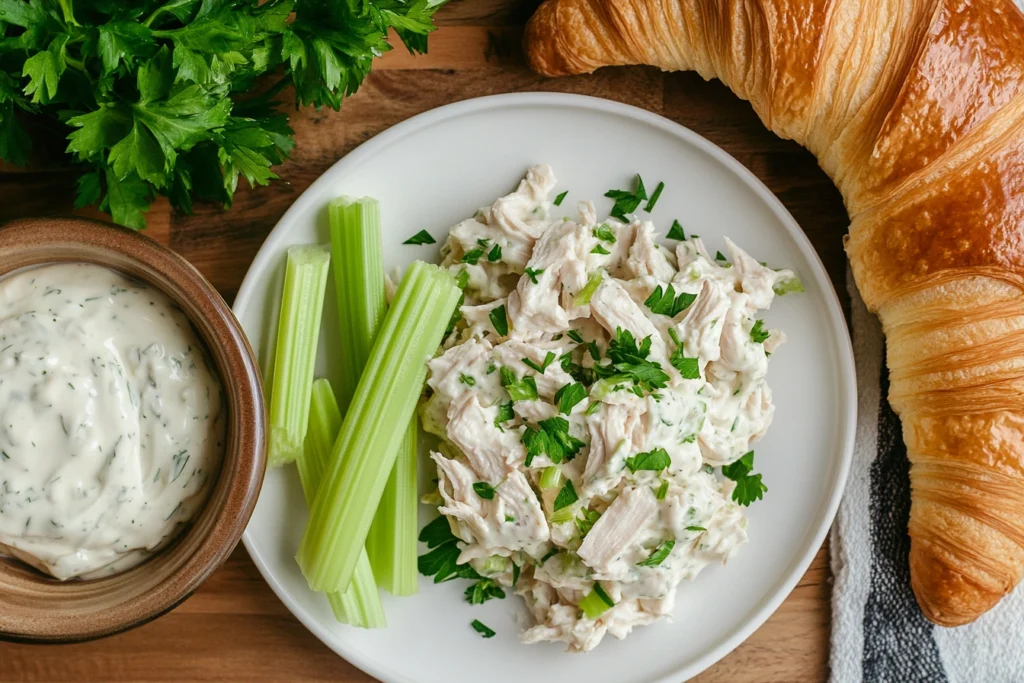 A plate of homemade chicken salad garnished with parsley.