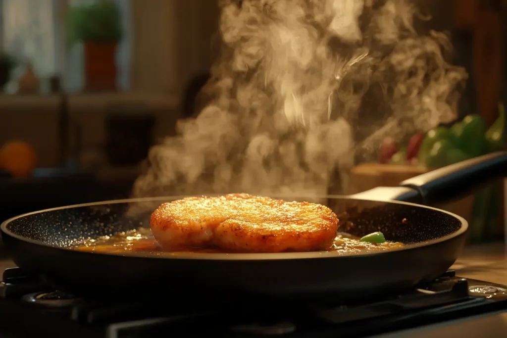 A golden-brown chicken cutlet cooking in a skillet, releasing steam, with a cozy kitchen in the background.
