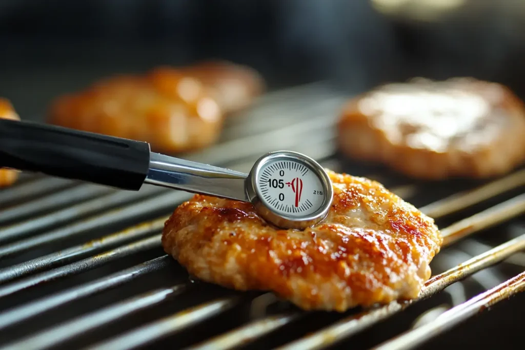 A grilled chicken patty being checked with a meat thermometer on a barbecue grill.