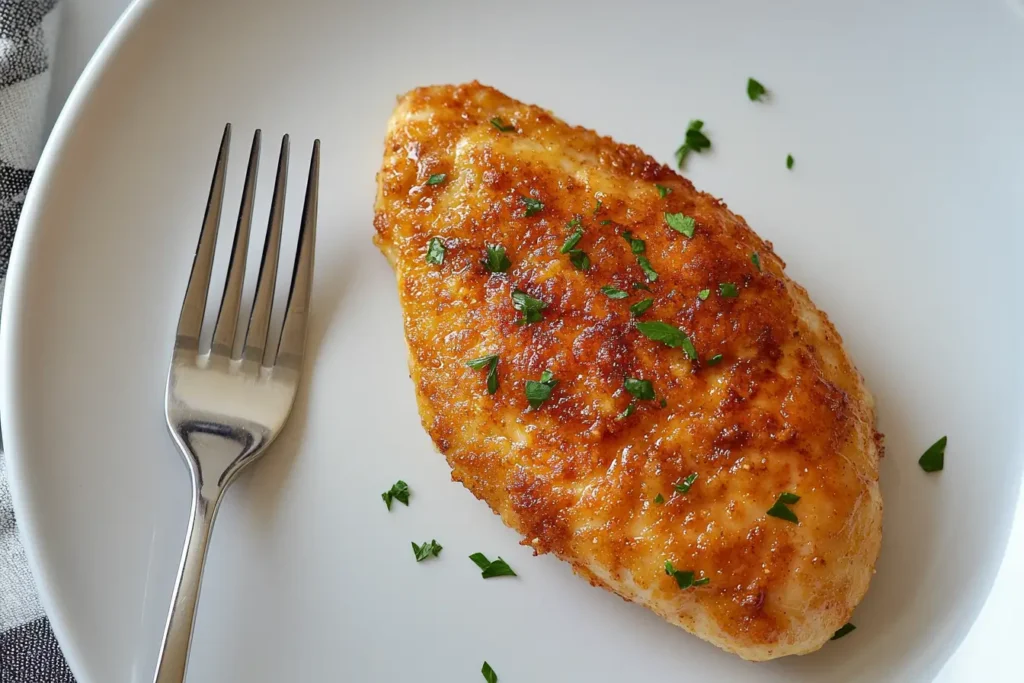 A golden-brown cooked chicken cutlet garnished with fresh parsley, served on a white plate with a fork placed to the side.