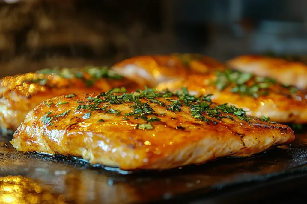 Golden-brown thin chicken breasts garnished with fresh herbs, cooked to perfection at 400 degrees.