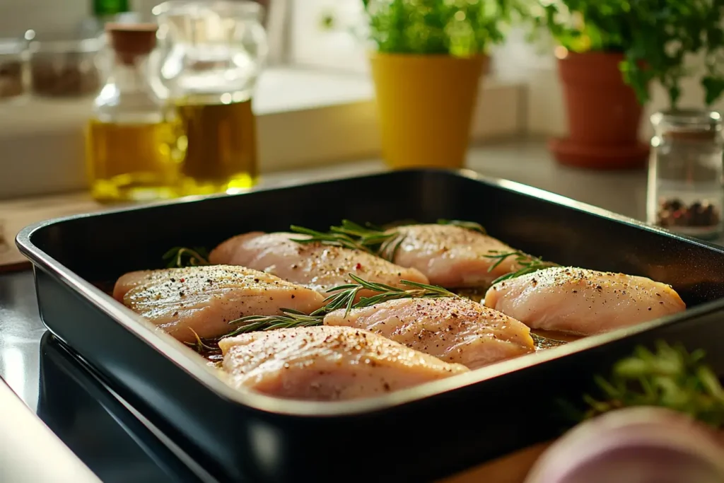 Seasoned thin chicken breasts with rosemary in a baking pan, ready to be baked at 400 degrees.

