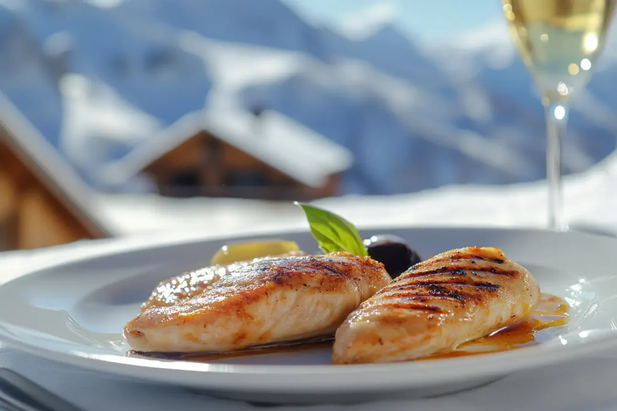 Grilled thin chicken breasts served on a white plate with a scenic snowy mountain backdrop.