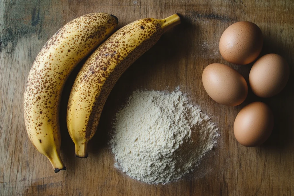 Four ingredients for banana bread: bananas, eggs, sugar, and self-rising flour.