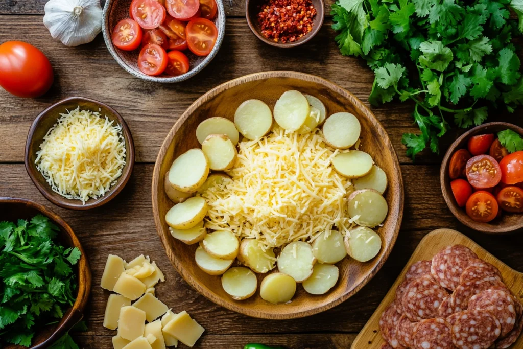 Fresh ingredients for Papas Locas, including potatoes, cheese, chorizo, cilantro, tomatoes, and jalapeños.