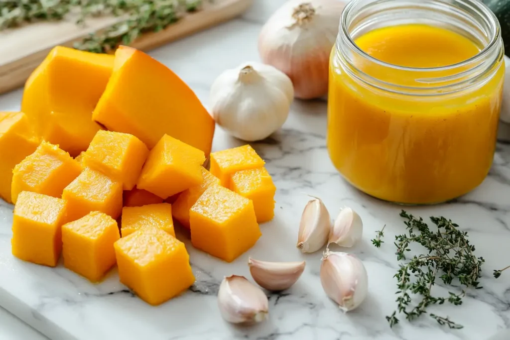 Fresh ingredients for pumpkin soup on a countertop.