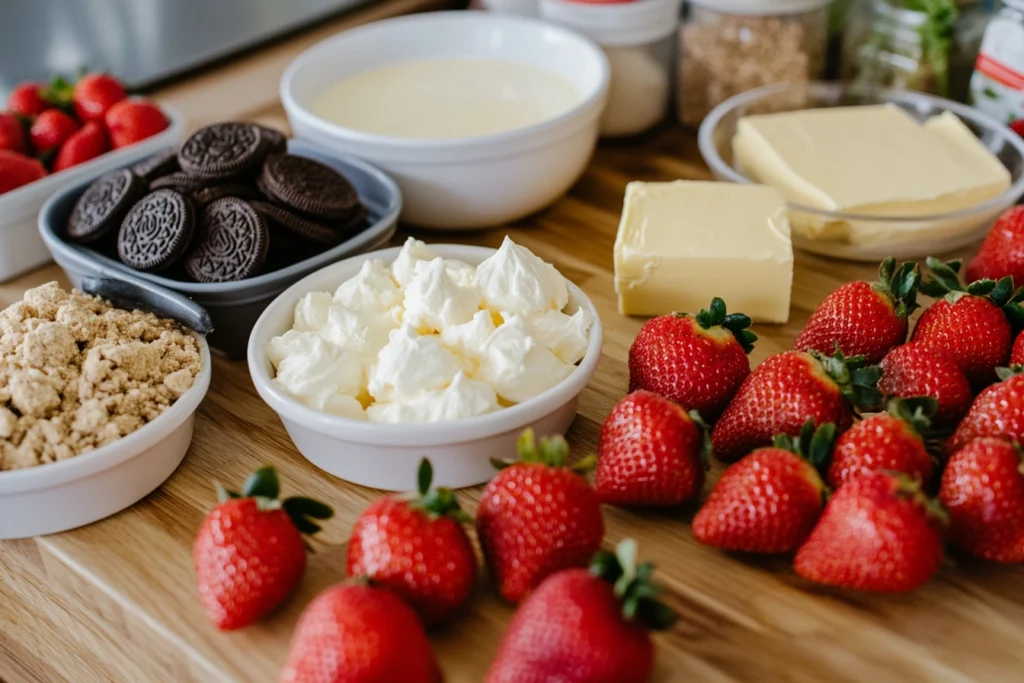 Ingredients for strawberry crunch cheesecake, including strawberries, cream cheese, and crushed cookies