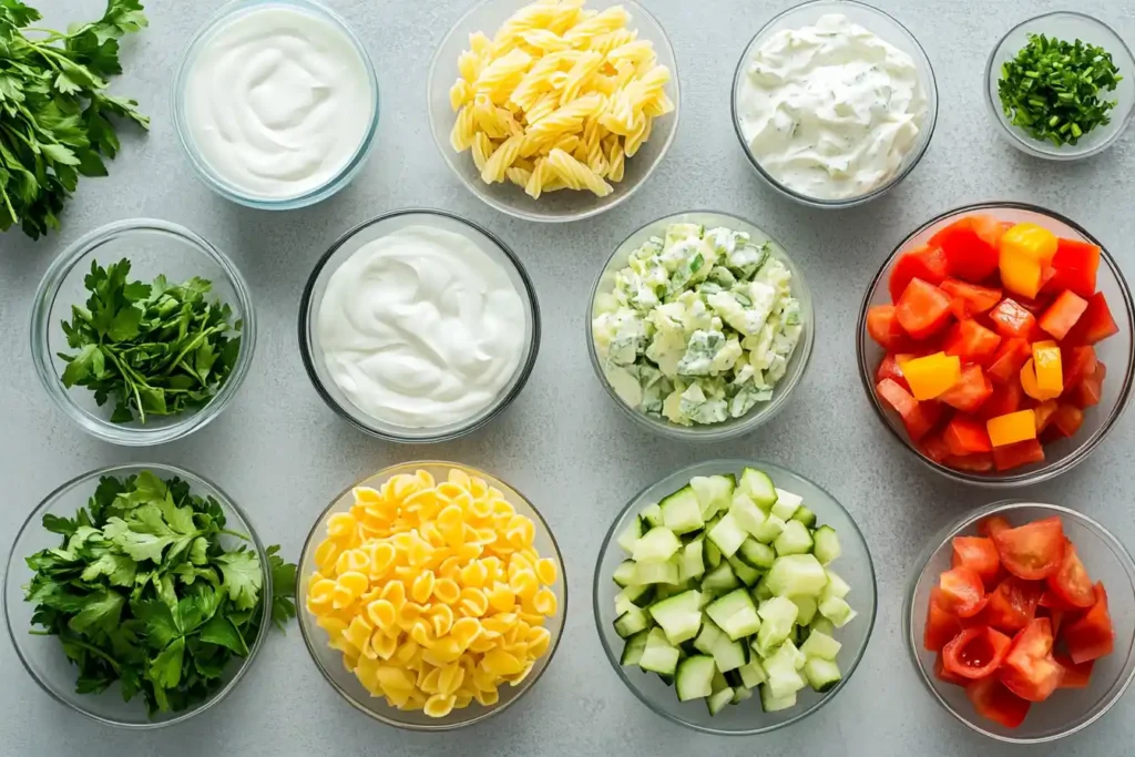 Ingredients for creamy pasta salad on a kitchen counter.