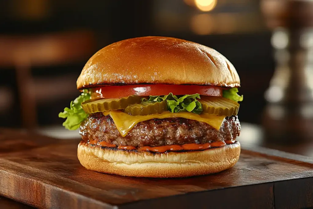 Perfectly crafted burger showcasing what is the secret ingredient in a good burger on a wooden board