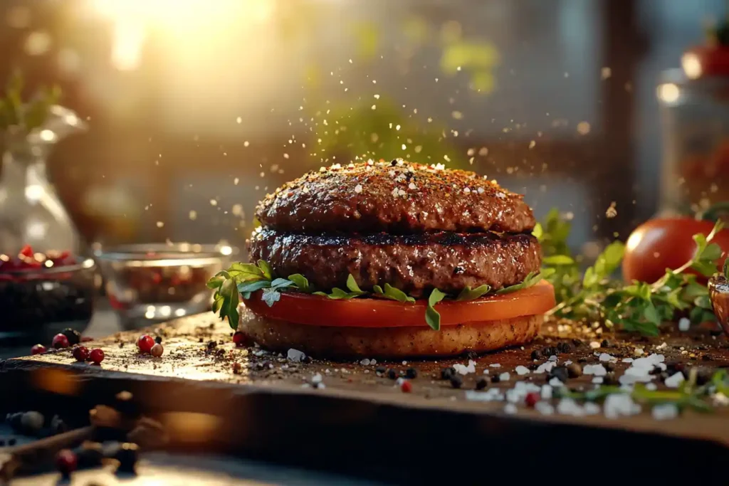 Seasoned beef burger with tomato and herbs