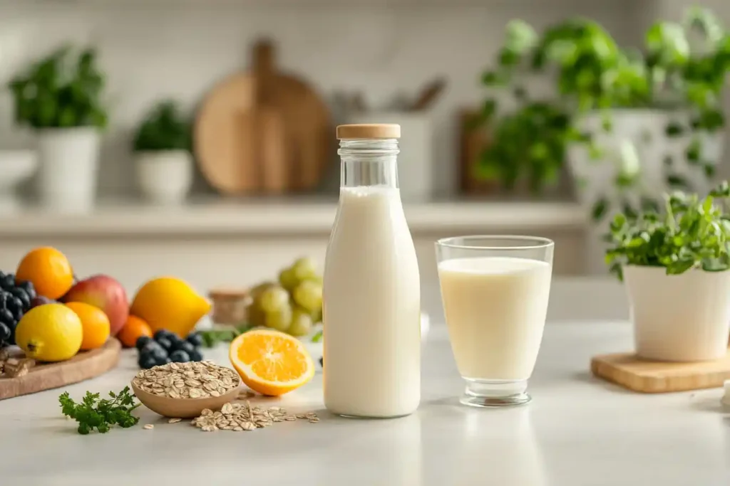 Bottle of kefir and glass of buttermilk with fruits and oats.