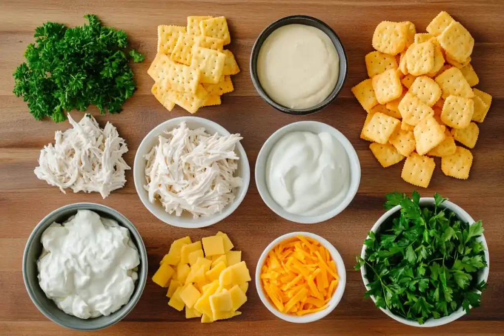  Ingredients for Million Dollar Chicken Casserole, including shredded chicken, cream cheese, sour cream, cheddar cheese, Ritz crackers, and cream of chicken soup.