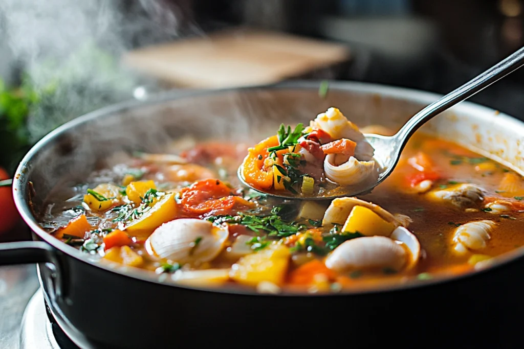 Ladle scooping steaming seafood soup with colorful vegetables and shellfish.