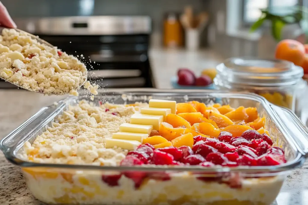 Step-by-step layering process for dump cake.