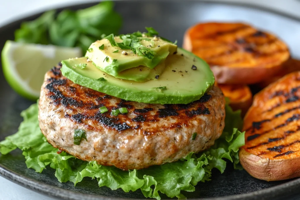 Lean turkey burger topped with avocado slices, served with grilled sweet potatoes on a plate.