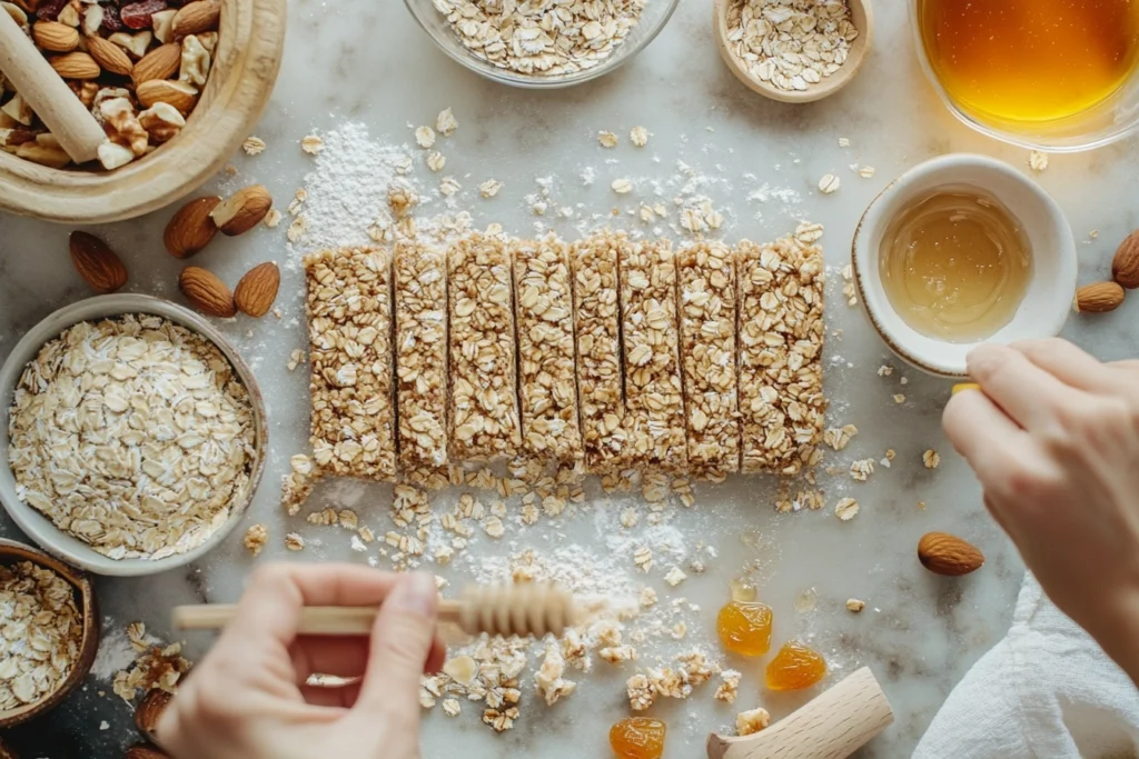 Step-by-step process of making homemade granola bars in a warm kitchen."