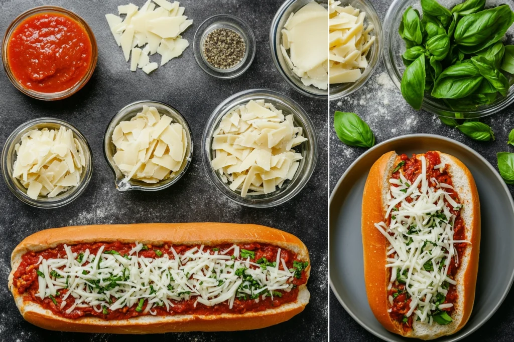 Step-by-step process of making a pizza sub with ingredients and preparation stages.