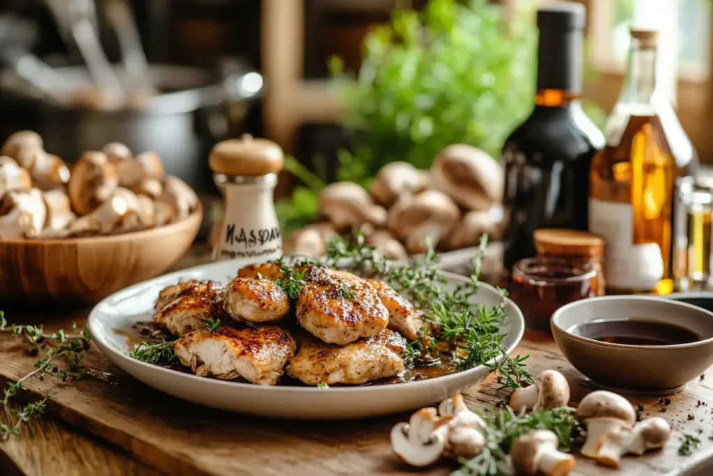 Rustic kitchen setup with Chicken Marsala and Marsala sauce substitutes