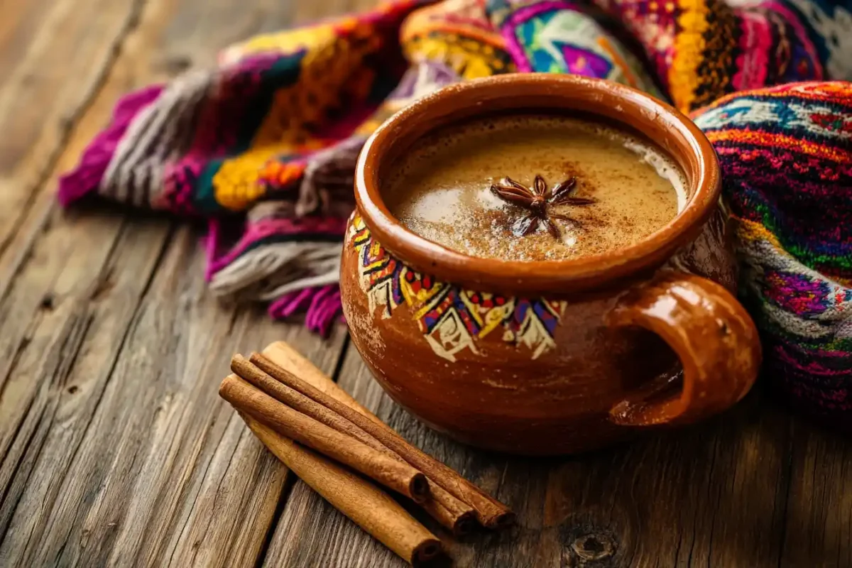 Mexican cinnamon coffee in a clay cup with cinnamon sticks and colorful fabric.