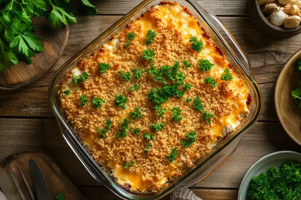 Million Dollar Chicken Casserole with golden crust and parsley garnish.