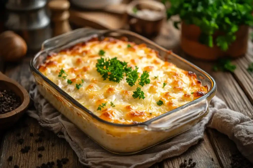  A freshly baked Million Dollar Chicken Casserole with a golden-brown crust, topped with parsley, served in a glass dish.